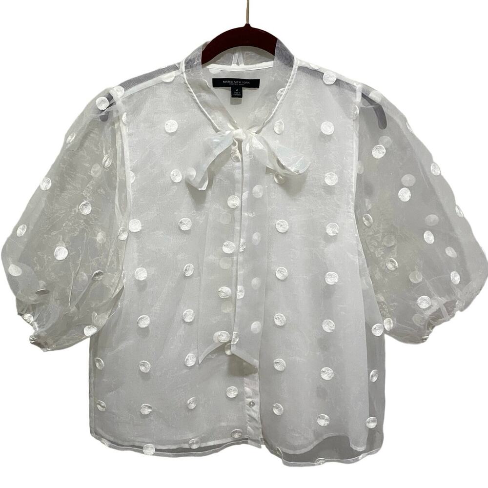 MARC NY Andrew Marc White Top SIZE MEDIUM Polka Dot Puff Sleeve Tie Neck Blouse